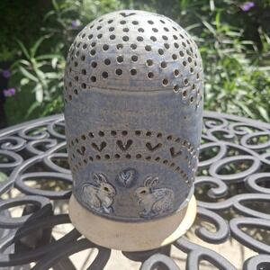 Decorative Ceramic Candle Luminary Blue Gray Bunny Rabbits Home Decor